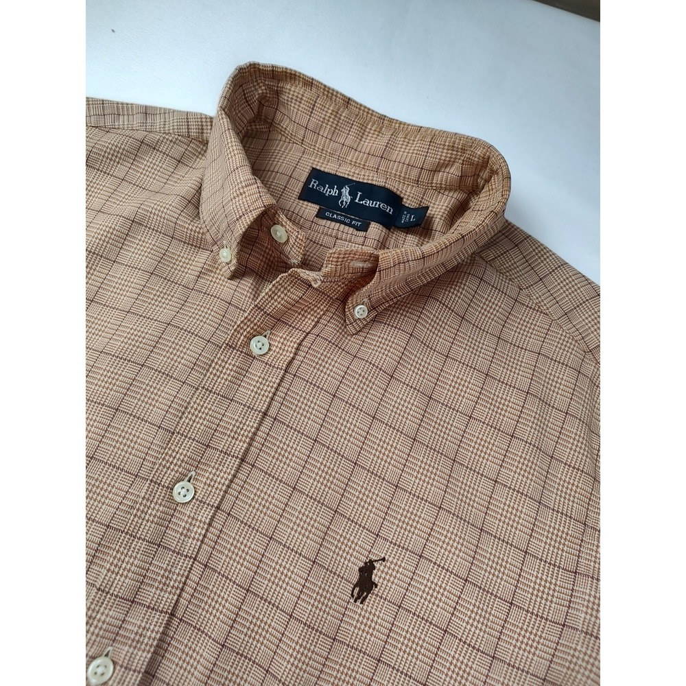 Polo Ralph Lauren Classic Fit Glen Plaid Button Down Shirt Mens Large Tan Brown